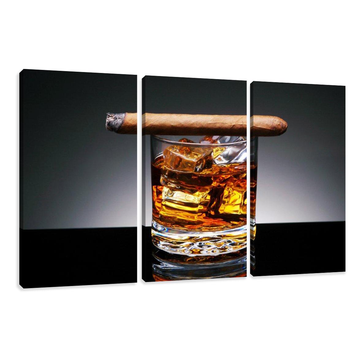 Leinwandbild Whiskey & Zigarre – 3-teiliges Wandbild 150x90cm