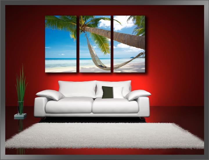 Leinwandbild Strand mit Hängematte - 150x90cm 3 teilig – Ansicht 2