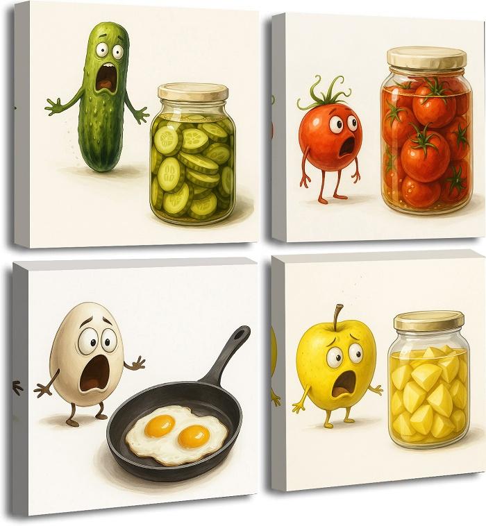 Lustiges 4-teiliges Leinwandbild mit Cartoon Obst und Gemüse – Ansicht 5