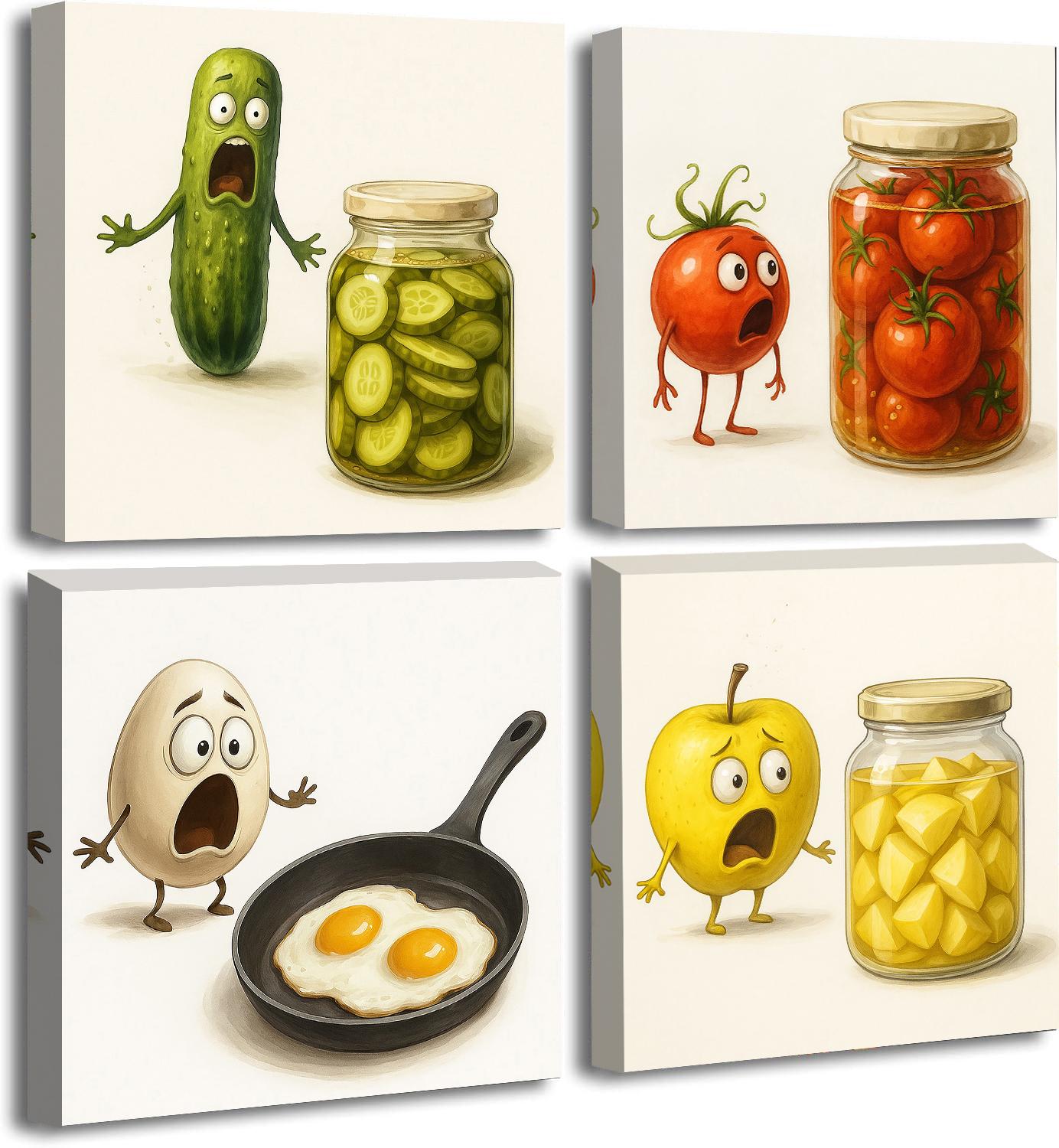 Lustiges 4-teiliges Leinwandbild mit Cartoon Obst und Gemüse